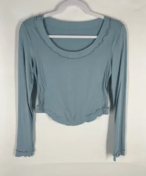 Women’s Long Sleeve Scalloped Edge Top - Dusty‎ Blue Y2K thumbnail 1