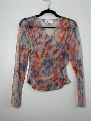 Anthropologie Long Sleeve Crossover Mesh Blouse Size S Multicolor Boho Top thumbnail 4