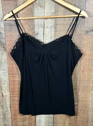 Worthington XL Black Ribbed Lace Trim Cami Tank Top Stretch Soft Girl Layering thumbnail 1