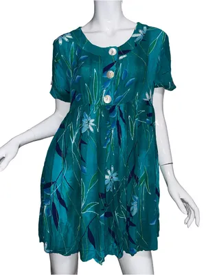 💙💖Vintage Tropical Pearl Button Teal Tie‎ Back Mini Dress Summer Resort Beach thumbnail 1