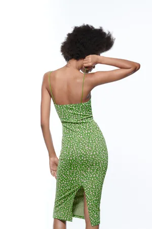 Zara Green Pink Jacquard Spaghetti Straps Straight Neck Fitted Midi Dress L thumbnail 2