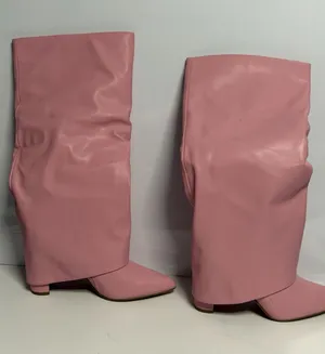 Fold Over Skirted Knee Boots 3" Chunky Heel Pull On Half Zipper Pink Size 8.5 thumbnail 1