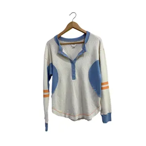 BDG Urban Outfitters Waffle Knit Henley Top Cream Blue Orange L Large thumbnail 2