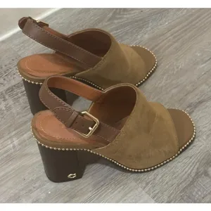 Coach Suede Block Heel Sandals Tan Brown Slingback Beaded Trim Womens Size 5.5 thumbnail 6