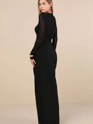 Lulu's Black Sheer-Sleeve Maxi Dress with High Side Slit thumbnail 2