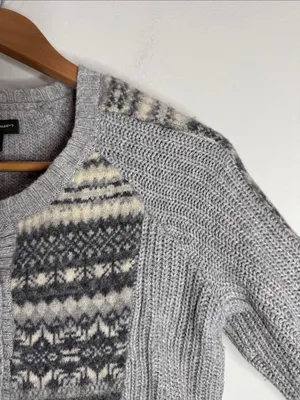 Vintage Eddie Bauer Ribbed Gray Fair Isle Nordic Buttoned Sweater Cardigan sz Mp thumbnail 3