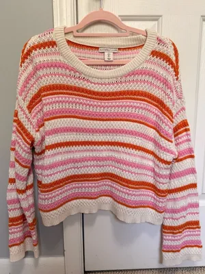 Sincerely Jules Striped Open Knit‎ Sweater Pink Orange Cream Size Small thumbnail 2