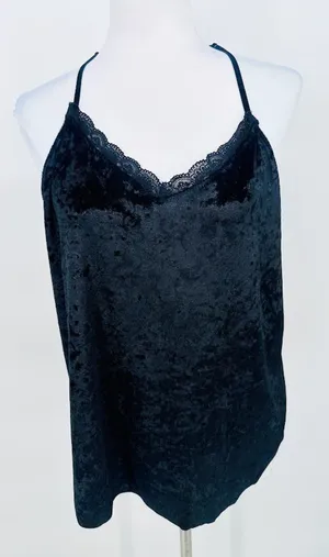 Womens XL Black Velvet‎ Lace Trim Cami Tank Top Fairy Whimsigoth Racerback Y2K thumbnail 1