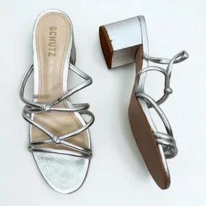 Schutz Silver Strappy Design Block Heel Open Toe Sandal Leather Womens Size 8.5B thumbnail 1