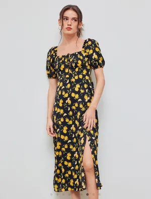 Cider LEMON SPLIT KNOTTED SHIRRED MIDI DRESS thumbnail 2