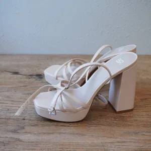 BP 9M Platform Sandals Beige Good Strappy Block Heel Square Toe Straps Formal thumbnail 5