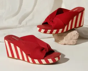 Vivaia Laura square-toe wedge sandals in ruby‎ red striped platform sz 35 thumbnail 1