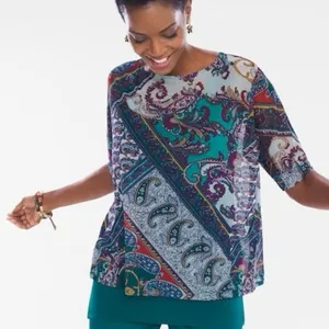 Chicos 3 US XL Overlay Tee Knit Top Multicolor Paisley 3/4 Sleeve Boho Layered‎ thumbnail 1