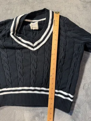 Hope & Henry Women's L Black White Cable Knit V-Neck Sweater Organic Cotton #170 thumbnail 7