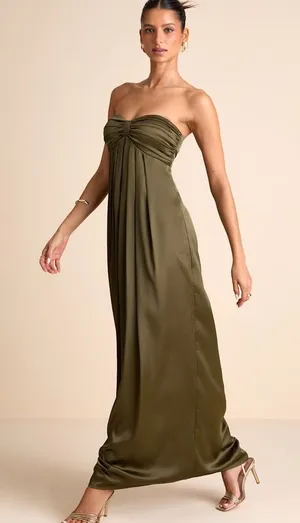 Lulu's Memorable Entrance Olive Green Strapless Satin Maxi Dress thumbnail 1