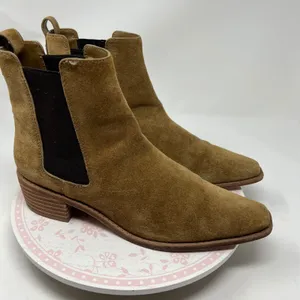 Tory Burch Chelsea Boots Women 10.5 Tan Suede Leather Square Toe Block Heel Pull thumbnail 3
