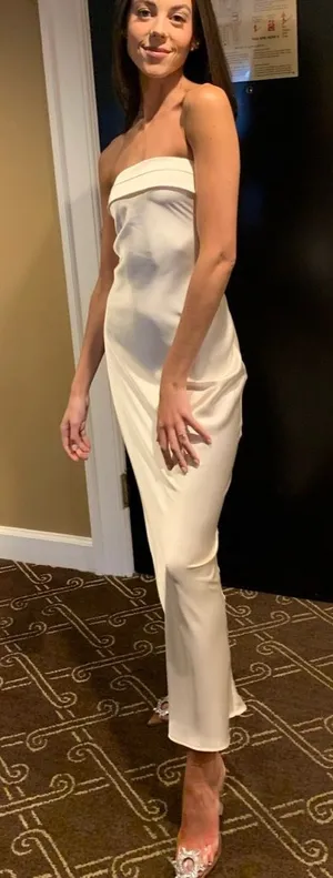 Rehearsal Dinner white satin dress with open back thumbnail 1