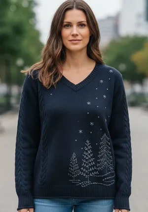White Stag Women's V Neck‎ Long Sleeve Beaded Christmas Tree Sweater Black 2XL thumbnail 1