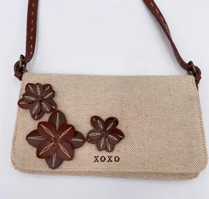 Vintage XOXO Y2K Mini Bag Purse Cotton Jute Fabric Flower Applique Retro 2000s thumbnail 2