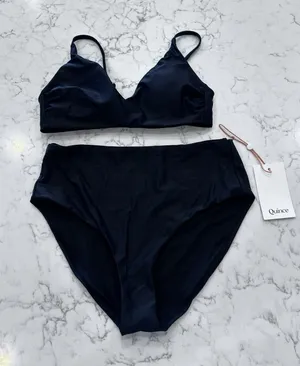 New Quince Black Italian V Neck Bikini Top & High Rise Bottom Set Size XS thumbnail 1
