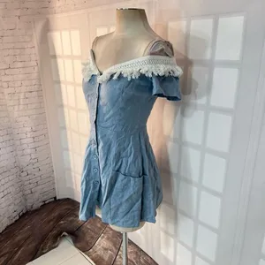 Reformation button down mini denim dress with white fringed off the shoulder nec thumbnail 3