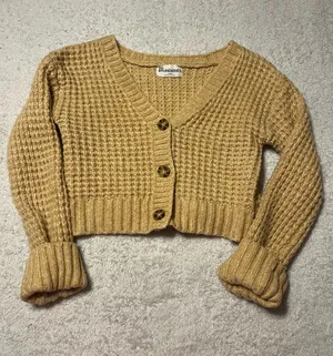 No Boundaries Cropped Waffle Knit Cardigan - Mustard Yellow thumbnail 1