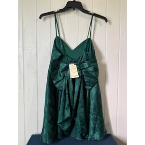 Allison + Kelly Emerald Green Satin Jacquard Floral Bow Back Mini Dress Medium thumbnail 3