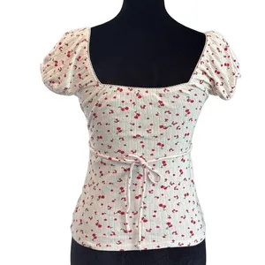 Heart & Hips XS Floral Pointelle Knit Top Cream Red Button Front Cottagecore Milkmaid Regency thumbnail 3