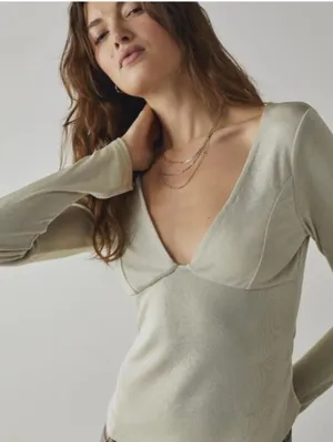 Intimately Free People Beige Slinky Deep V-Neck Fitted Top - Size - Medium thumbnail 1