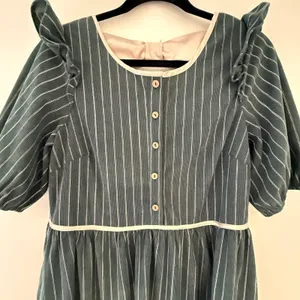 Vintage Style Corduroy Pinstripe Midi Dress Green Puff Sleeve Double Bow Back thumbnail 2
