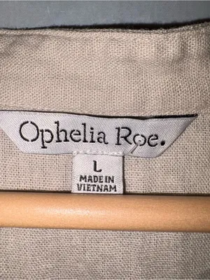 Ophelia‎ Roe Linen Blend Utility Dress Lg Beige Tie Waist Pockets Short Sleeves thumbnail 2