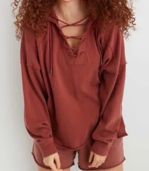 Aerie Sunday Soft Lace Up Hoodie Size XS Burnt Orange Oversized thumbnail 1