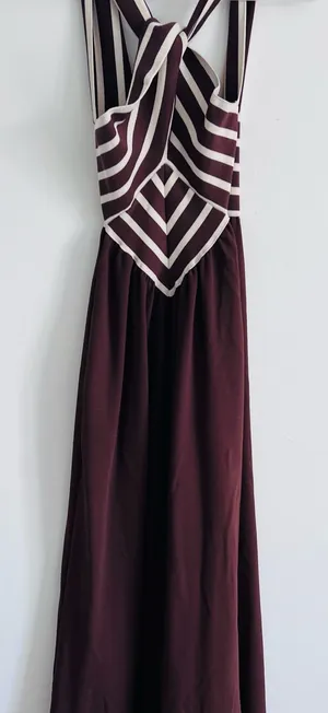 TEN/22 Chocolate Brown Cream Striped Maxi Dress Retro S/M thumbnail 1