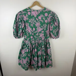 Xirena Aurie Mini Dress Large‎ Green Pink Floral Cotton Puff Sleeve Cottage Boho thumbnail 6