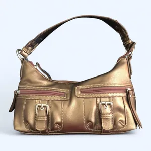 Y2K Brown Gold Metallic Leather Cargo Buckles Shoulder Hobo Hand Bag Purse Satchel Top Handle O-Ring Silver Accents #Grunge #Cyber #Goth #Punk #Acubi Vintage Mcbling Preppy Measurement in pics Great condition thumbnail 2