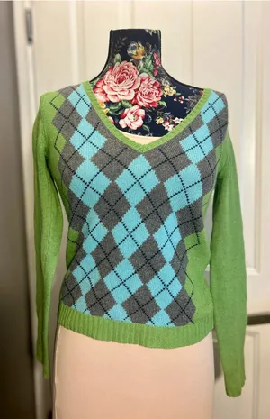 Vintage J.Crew Argyle V-Neck Sweater XS Green Blue Merino Angora Cashmere Y2K thumbnail 1
