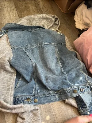 Free People | Distressed Knit Sleeve Denim Jacket S Grunge Hooded‎ Streetwear thumbnail 14
