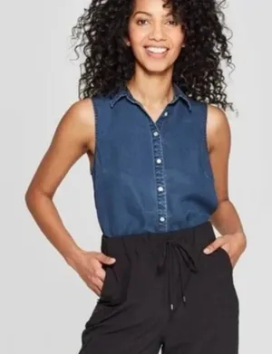 A New‎ Day XS Denim Sleeveless Buttoned Top Casual Boho Resort Capsule Spring thumbnail 1