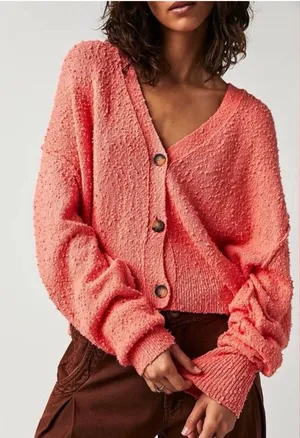 Free People Found My Friend Cardigan Coral Boucle Size Small EUC thumbnail 1