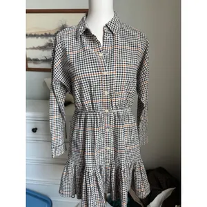 Plaid Mini Shirt Dress Gingham Ruffle Hem Button Down Long Sleeve Tiered Casual thumbnail 6