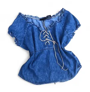 RARE Y2K Coquette Renaissance Whimsy Babydoll Sweetheart Corset Lace Up Top Shirt Blouse Romantic Trendy Denim Navy Blue Sz M #cottagecore #fairy Measurement in pics Great condition thumbnail 1