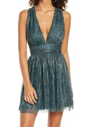 Lulus Dress Women’s Size Medium Teal Metallic Stripe Twist Back Cocktail NWT thumbnail 1