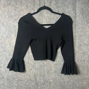 Gianni Bini Women Size Medium Black 3/4 Ruffle Sleeves Cropped Sweater‎ Top NWT thumbnail 8