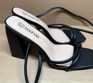 Boohoo Black Strappy Lace Up Block‎ Heel Sandals Size 8 Square Toe Wrap Around thumbnail 1