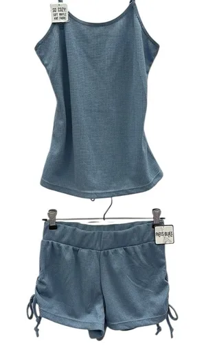 PJ Set Paris Blues Waffle Knit Adjustable Spaghetti Strap Tank and Shorts Small thumbnail 1