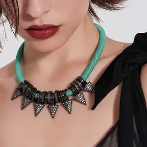 Aqua‎ Ribbed Cord Statement Necklace Gunmetal Triangle Crystal 20" Whimsigoth thumbnail 1