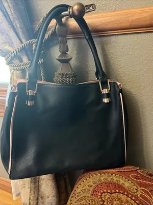Sleek Black Pebbled Tote with Pink Trim and Gold Hardware thumbnail 11