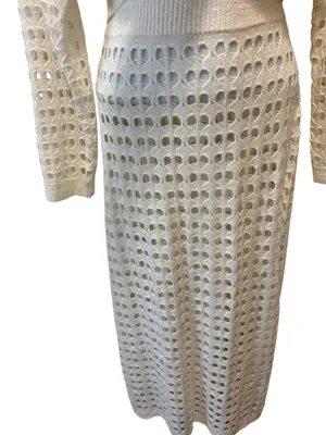 Boutique Crochet Knit Crop Top LS & Midi Pencil Skirt Ivory Open Weave Set Small thumbnail 4