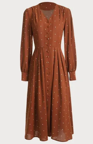 Rihoas Brown Polka Dot Pleated Midi Dress thumbnail 4