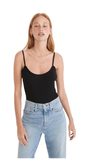 NWT Madewell Ribbed Cami Thong Bodysuit Black Simple Basic Bodysuit Medium thumbnail 1